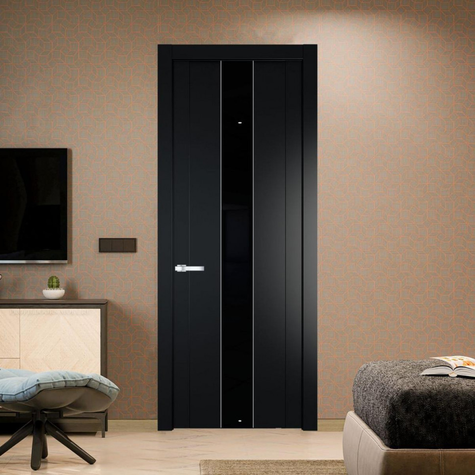 Межкомнатная дверь ProfilDoors 1.9P Блэк Lacobel Черный лак молдинг Серебро