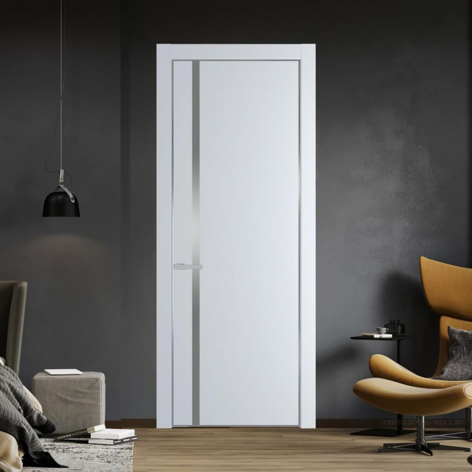 Межкомнатная дверь ProfilDoors 21 PE с вставкой из стекла серебро матлак Вайт с алюминиевой кромкой Серебро