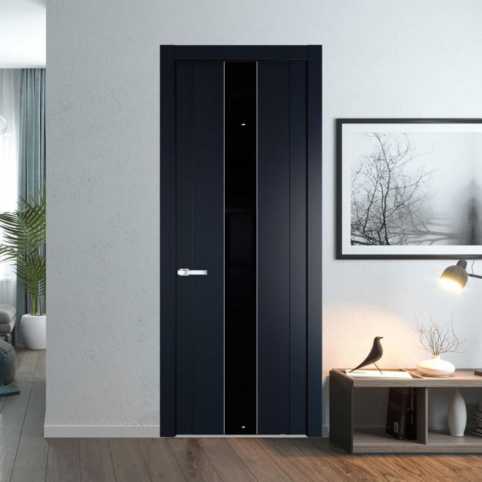 Межкомнатная дверь ProfilDoors 1.9P Нэви Блу Lacobel Черный лак молдинг Серебро
