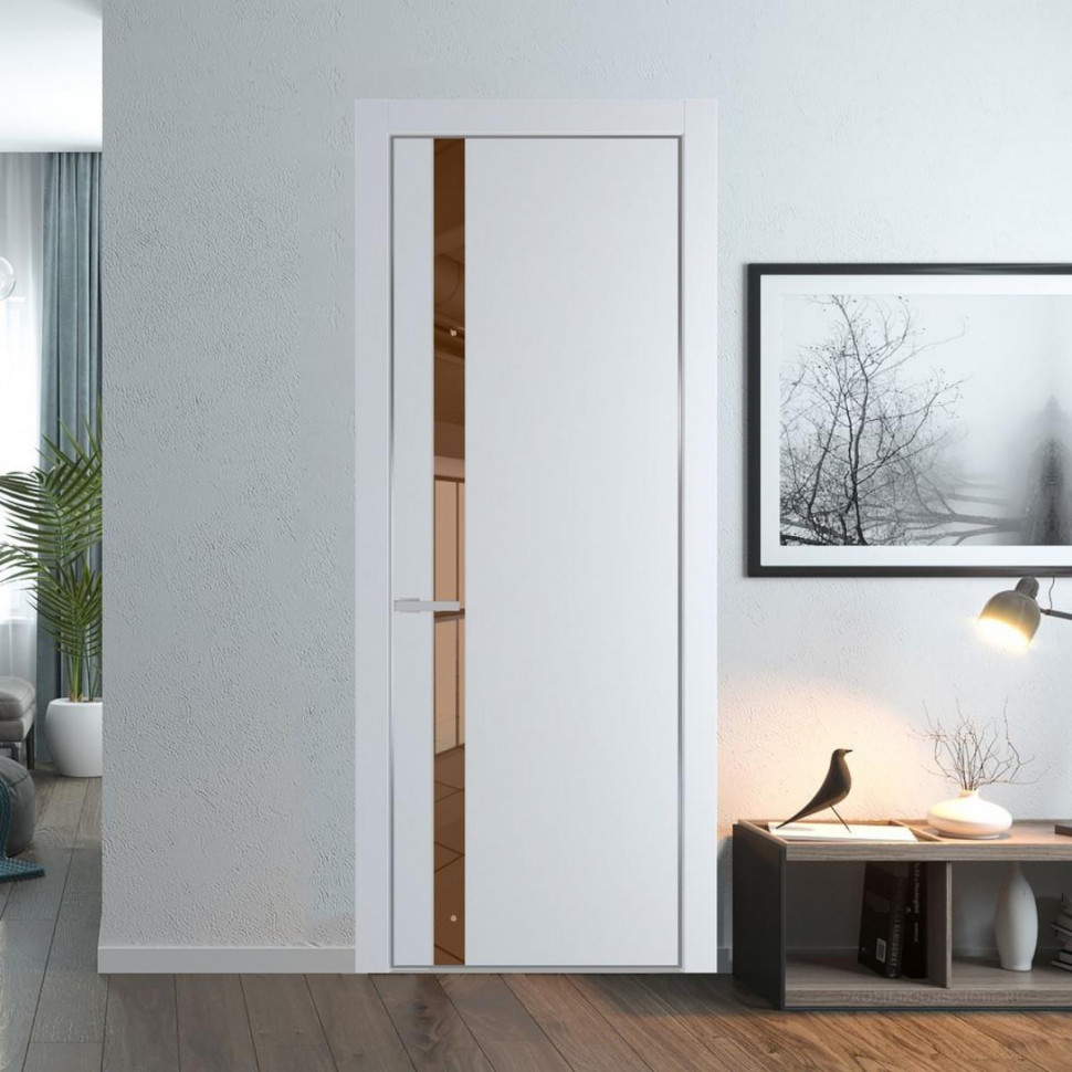 Межкомнатная дверь ProfilDoors 18 PA Вайт с профилем Серебро с стеклом  зеркало bronze