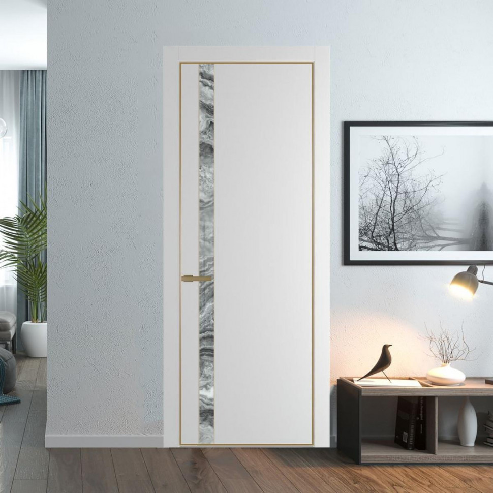Межкомнатная дверь ProfilDoors 18 PE с вставкой из стекла атриум серебро Крем Вайт с алюминиевой кромкой Золото
