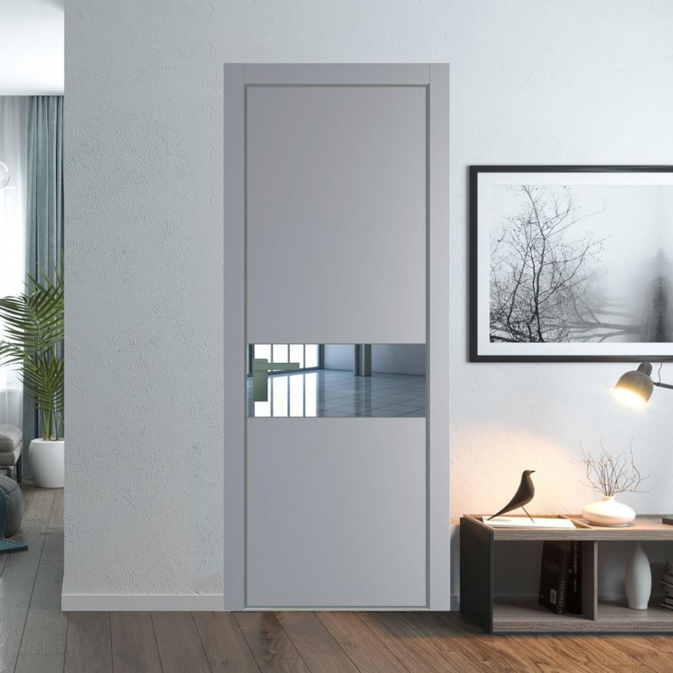 Межкомнатная дверь ProfilDoors 17 PE с вставкой из стекла зеркало Смоки с алюминиевой кромкой Зеленый воск