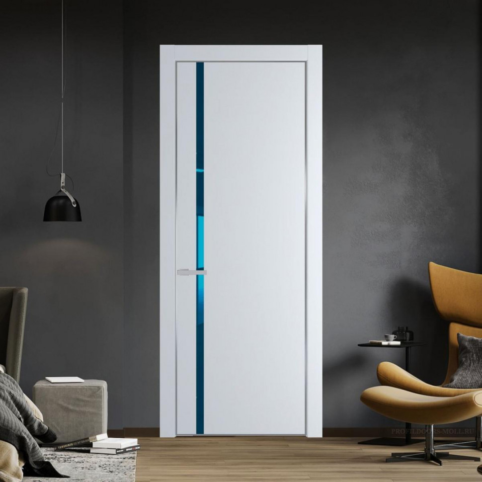 Межкомнатная дверь ProfilDoors 21 PE с вставкой из стекла зеркало blue Вайт с алюминиевой кромкой Серебро