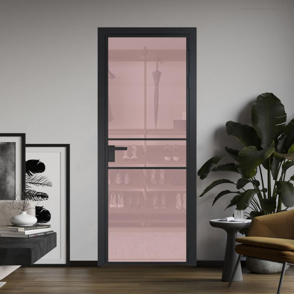 Межкомнатная дверь ProfilDoors 2 AG стекло Кризет розовое цвет профиля Черный матовый