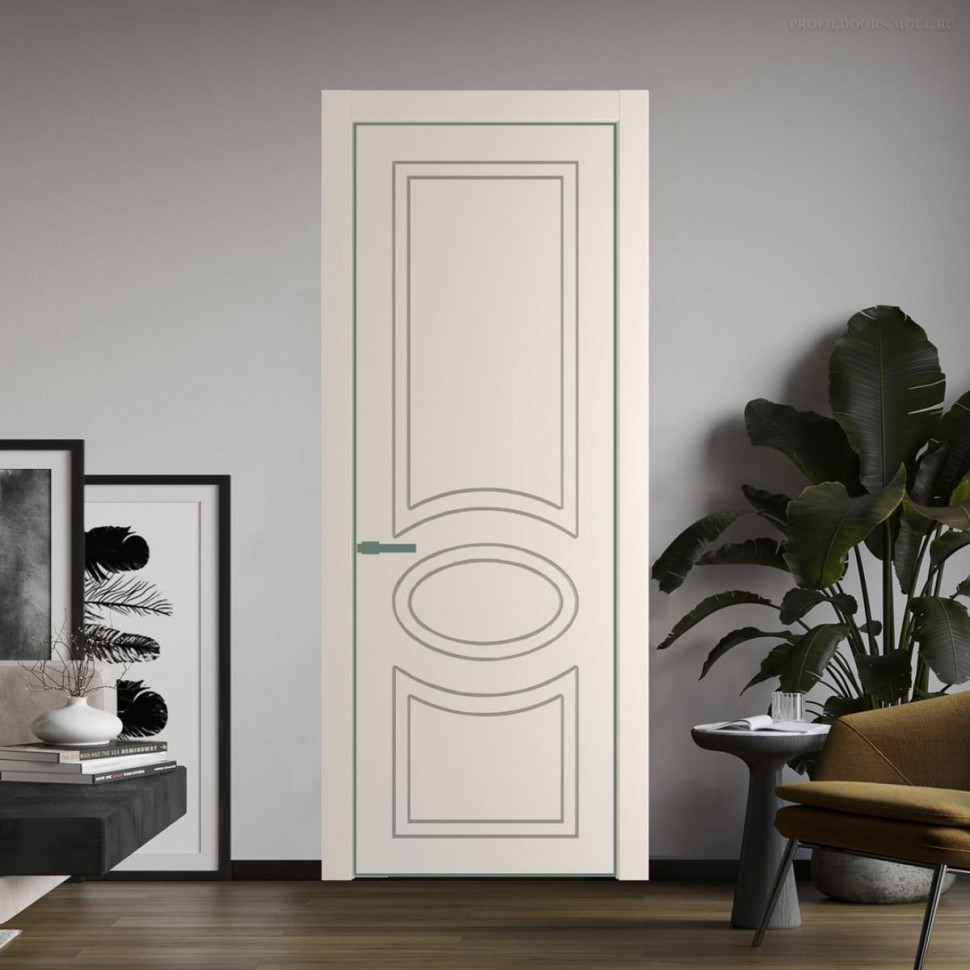 Межкомнатная дверь ProfilDoors 36 PE с фрезерованным рисунком Кремовая Магнолия с алюминиевой кромкой Зеленый воск
