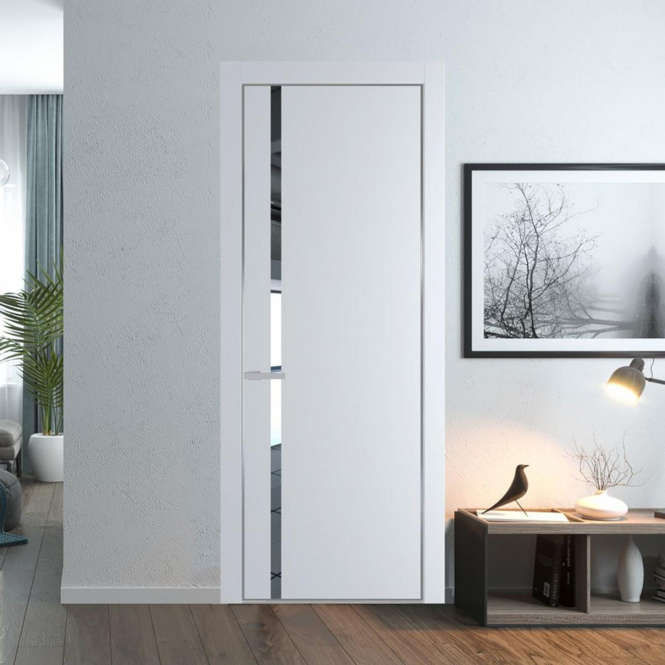 Межкомнатная дверь ProfilDoors 21 PE с вставкой из стекла зеркало Вайт с алюминиевой кромкой Серебро