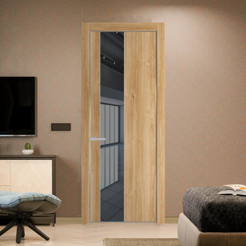Межкомнатная дверь ProfilDoors 19NA Дуб Карамель профиль Серебро вставка Зеркало Grey