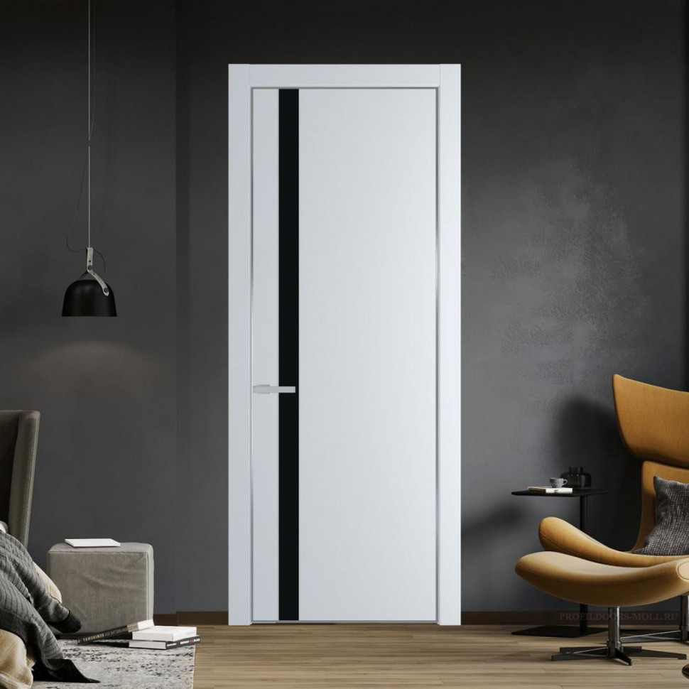 Межкомнатная дверь ProfilDoors 18 PA Вайт с профилем Серебро с стеклом  монохром черный