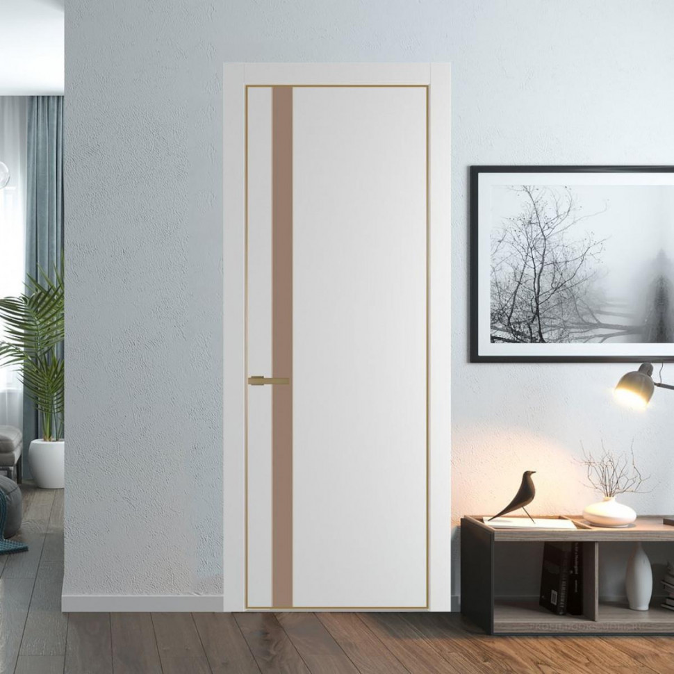 Межкомнатная дверь ProfilDoors 18 PE с вставкой из стекла монохром капучино Крем Вайт с алюминиевой кромкой Золото