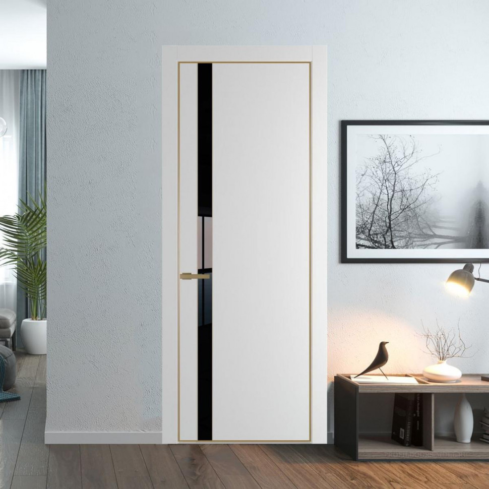 Межкомнатная дверь ProfilDoors 18 PE с вставкой из стекла черный лак Крем Вайт с алюминиевой кромкой Золото