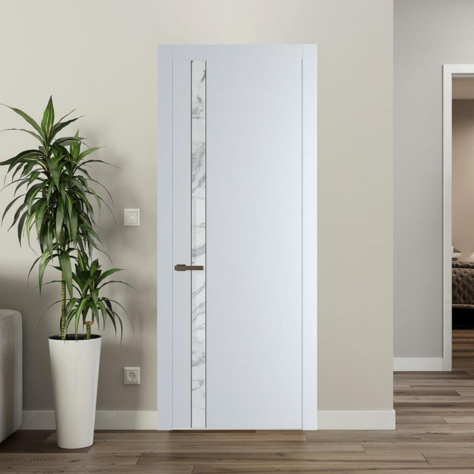 Межкомнатная дверь ProfilDoors 18 PW Вайт Нефи белый узор серебро молдинг Деорэ