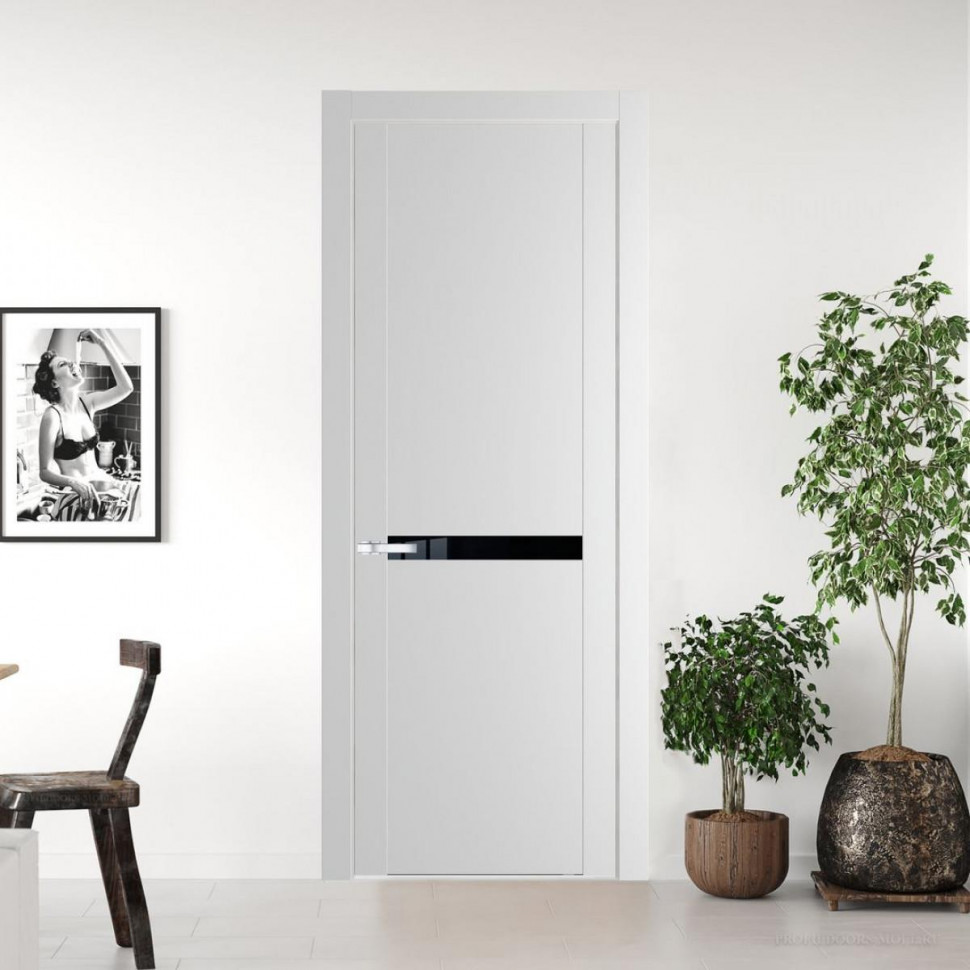 Межкомнатная дверь ProfilDoors 1.4P Крем Вайт Lacobel Черный лак молдинг Серебро