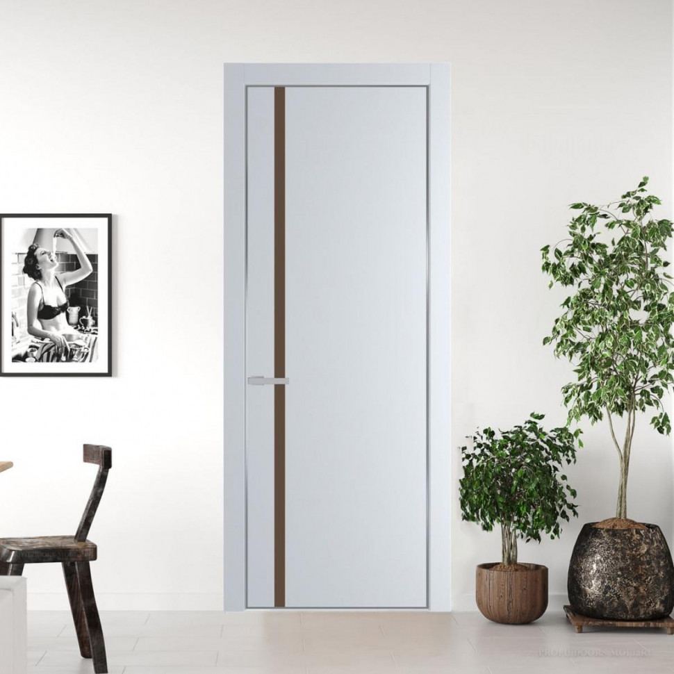 Межкомнатная дверь ProfilDoors 21 PE с вставкой из стекла монохром гляссе Вайт с алюминиевой кромкой Серебро