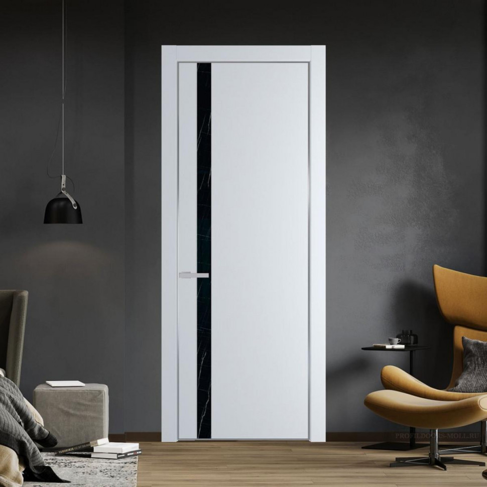 Межкомнатная дверь ProfilDoors 18 PA Вайт с профилем Серебро с стеклом  неро мрамор