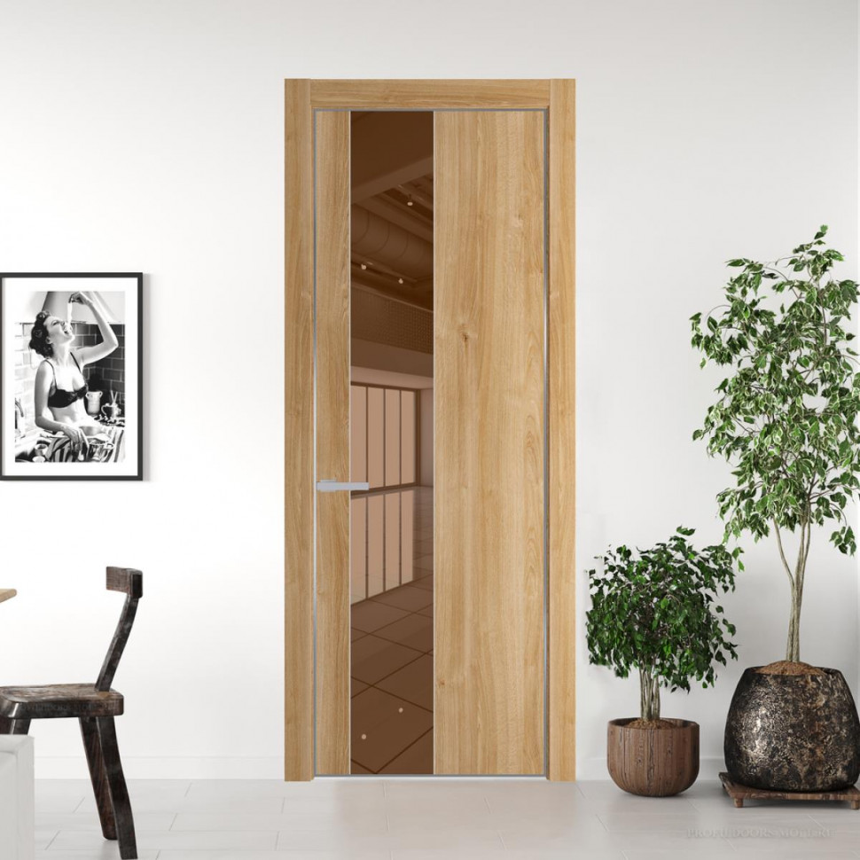 Межкомнатная дверь ProfilDoors 19NA Дуб Карамель профиль Серебро вставка Зеркало Bronza