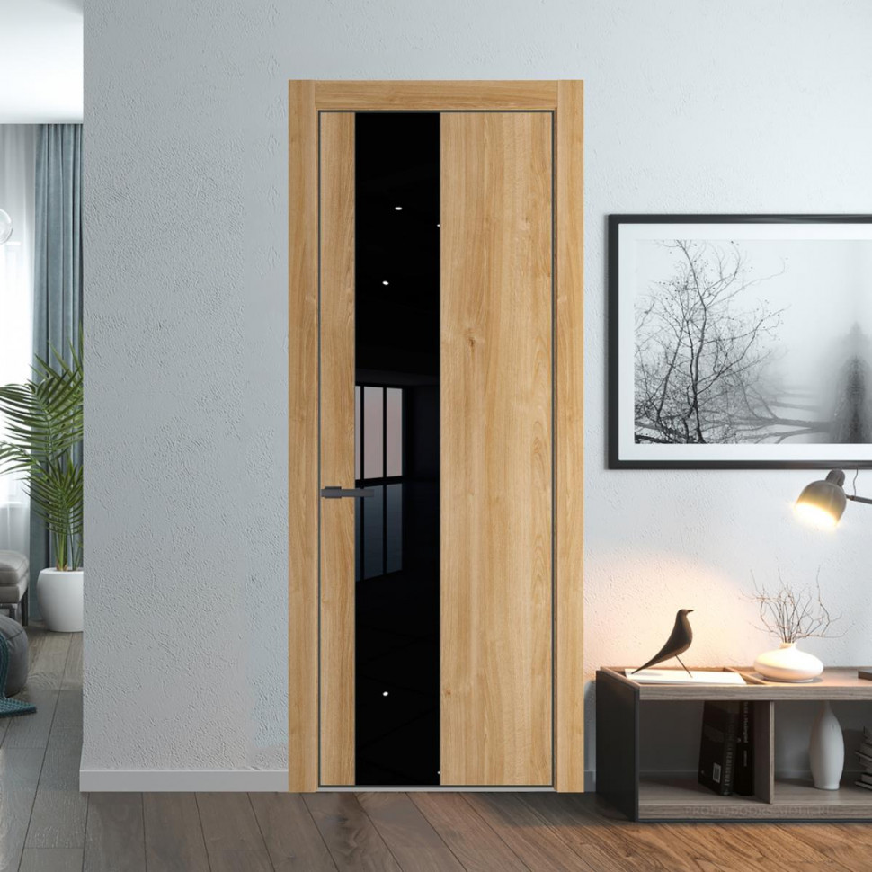 Межкомнатная дверь ProfilDoors 19NA Дуб Карамель профиль Серая Ночь вставка Lacobel Черный лак