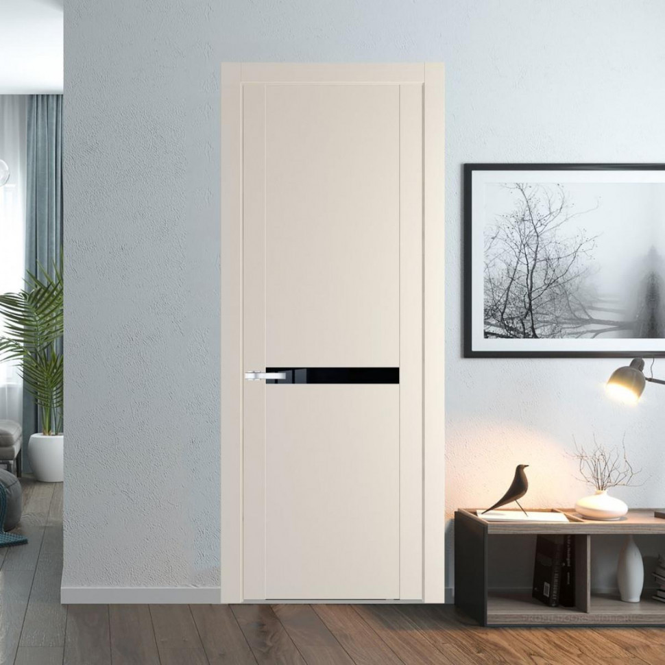 Межкомнатная дверь ProfilDoors 1.4P Кремовая Магнолия Lacobel Черный лак молдинг Серебро
