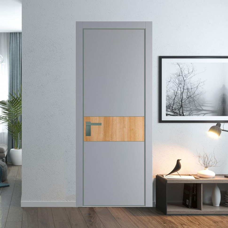 Межкомнатная дверь ProfilDoors 17 PE с вставкой Дуб Карамель Смоки с алюминиевой кромкой Зеленый воск