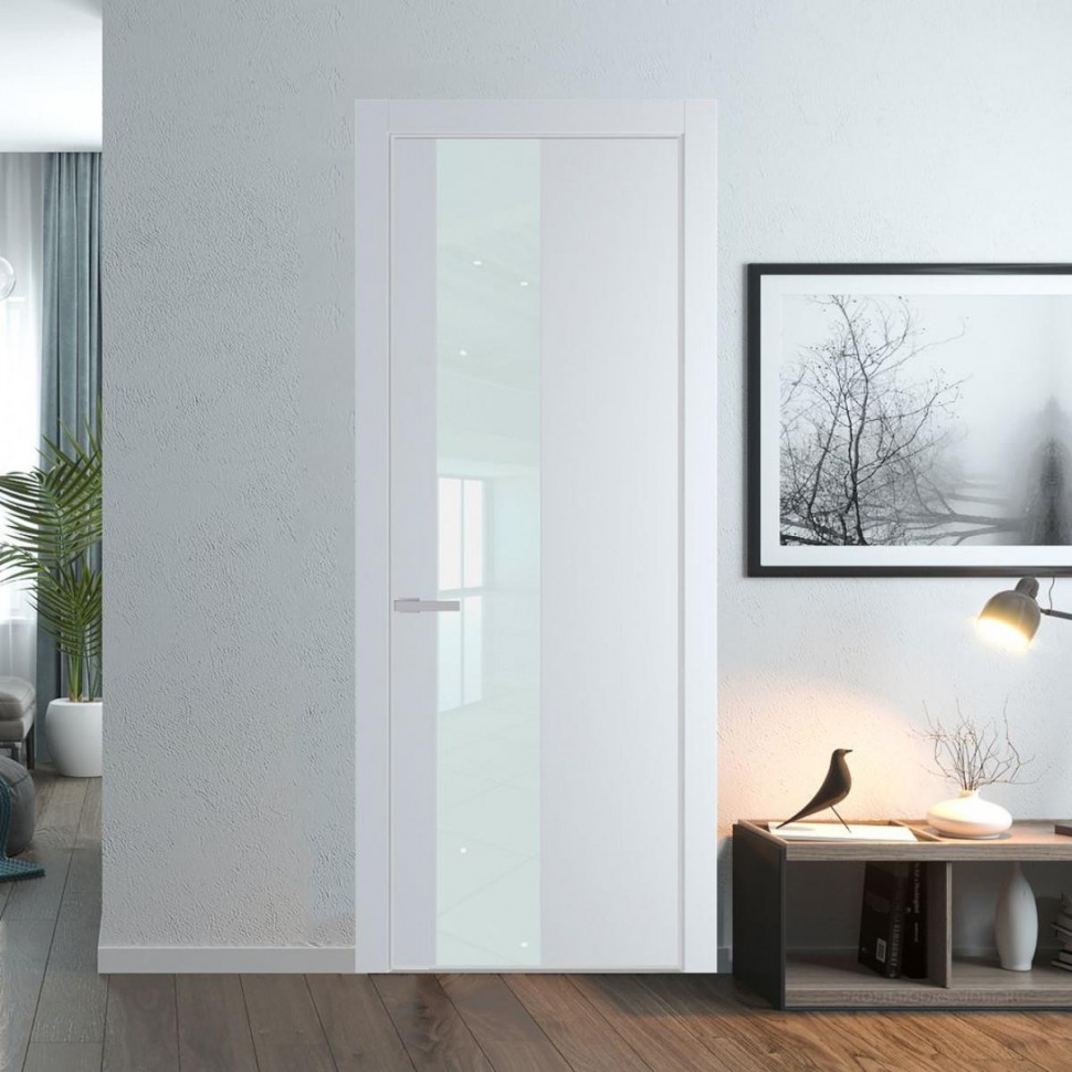 Межкомнатная дверь ProfilDoors 19 PE с вставкой из стекла белый лак Вайт с алюминиевой кромкой Матовая