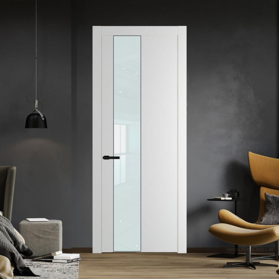Межкомнатная дверь ProfilDoors 19 PW Крем Вайт Lacobel Белый лак молдинг Черный матовый