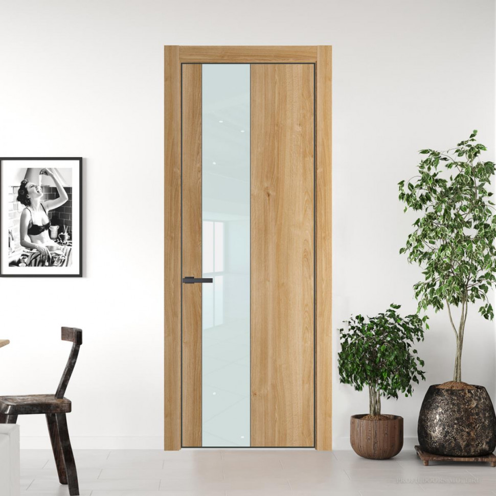 Межкомнатная дверь ProfilDoors 19NA Дуб Карамель профиль Серая Ночь вставка Lacobel Белый лак