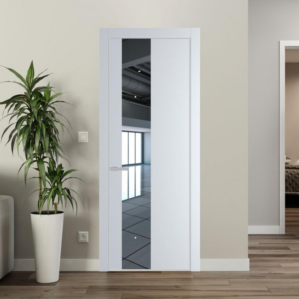 Межкомнатная дверь ProfilDoors 19 PE с вставкой из стекла зеркало Вайт с алюминиевой кромкой Матовая