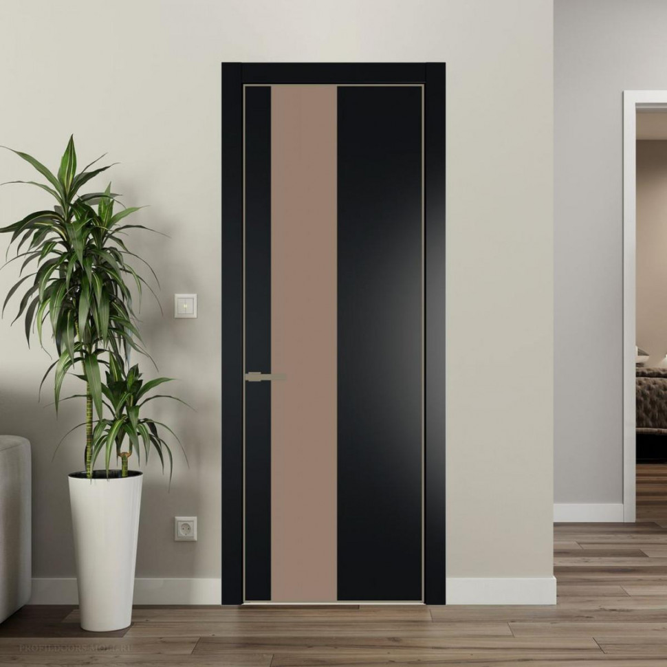 Межкомнатная дверь ProfilDoors 19 PE с вставкой из стекла монохром капучино Блэк с алюминиевой кромкой Шампань