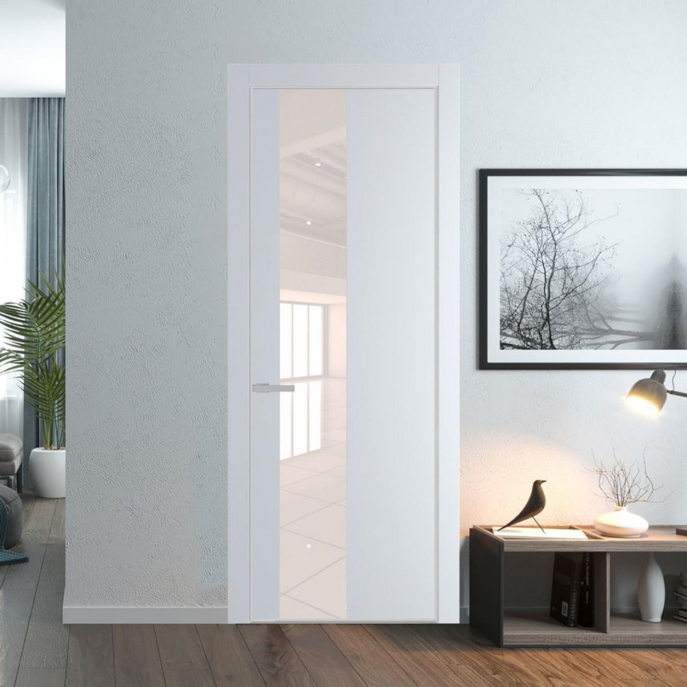 Межкомнатная дверь ProfilDoors 19 PE с вставкой из стекла перламутровый лак Вайт с алюминиевой кромкой Матовая
