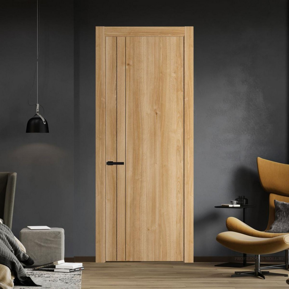 Межкомнатная дверь ProfilDoors 12 NW Дуб Карамель молдинг Черный матовый Глухая