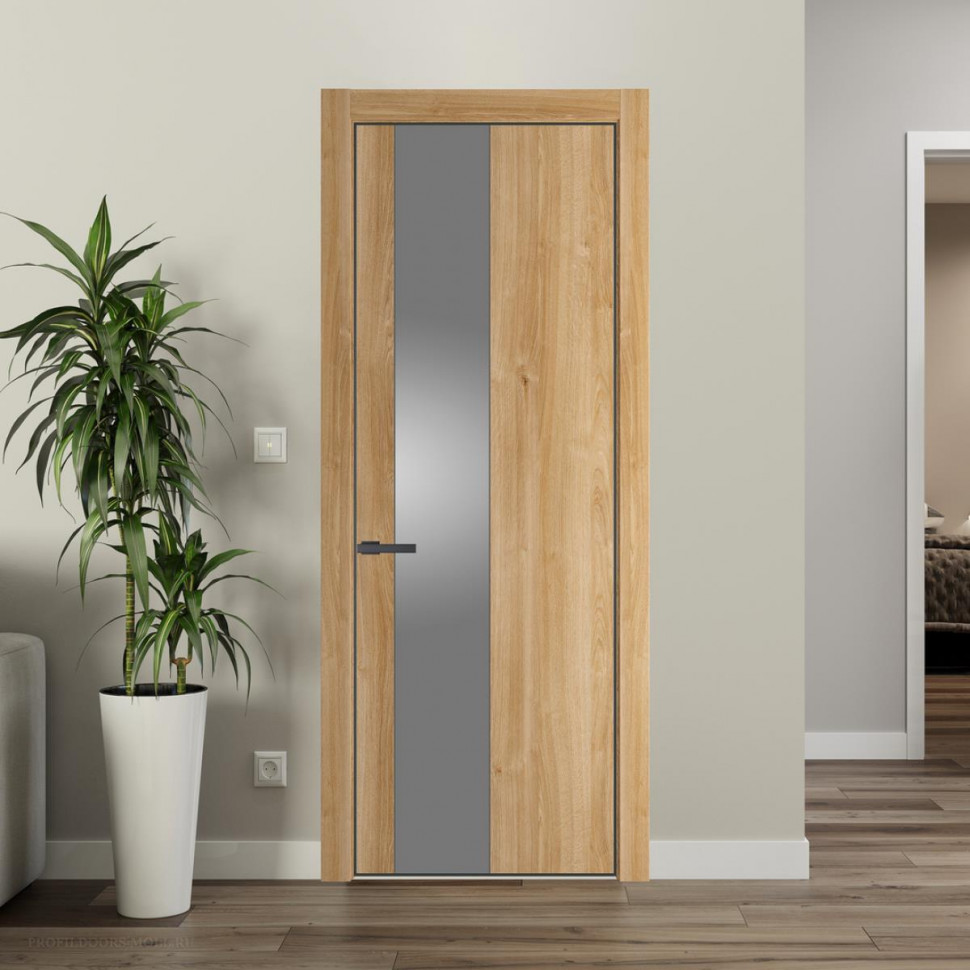 Межкомнатная дверь ProfilDoors 19NA Дуб Карамель профиль Серая Ночь вставка Lacobel Серебряный лак