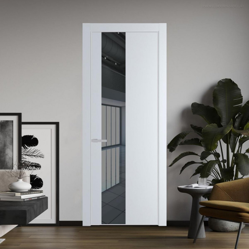 Межкомнатная дверь ProfilDoors 19 PE с вставкой из стекла зеркало grey Вайт с алюминиевой кромкой Матовая