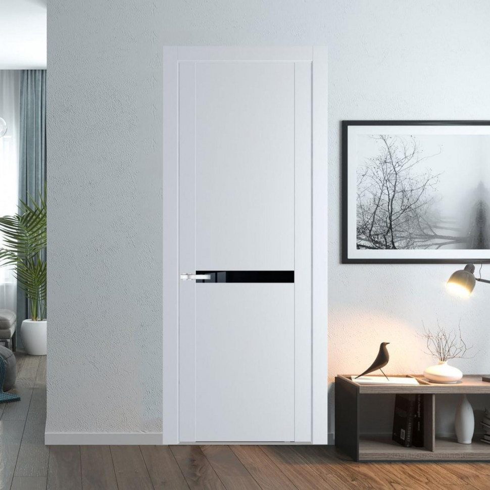 Межкомнатная дверь ProfilDoors 1.4P Вайт Lacobel Черный лак молдинг Серебро