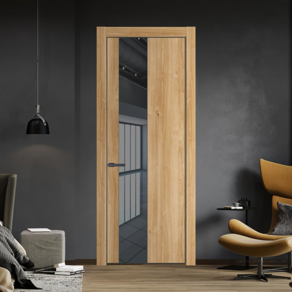 Межкомнатная дверь ProfilDoors 19NA Дуб Карамель профиль Серая Ночь вставка Зеркало Grey