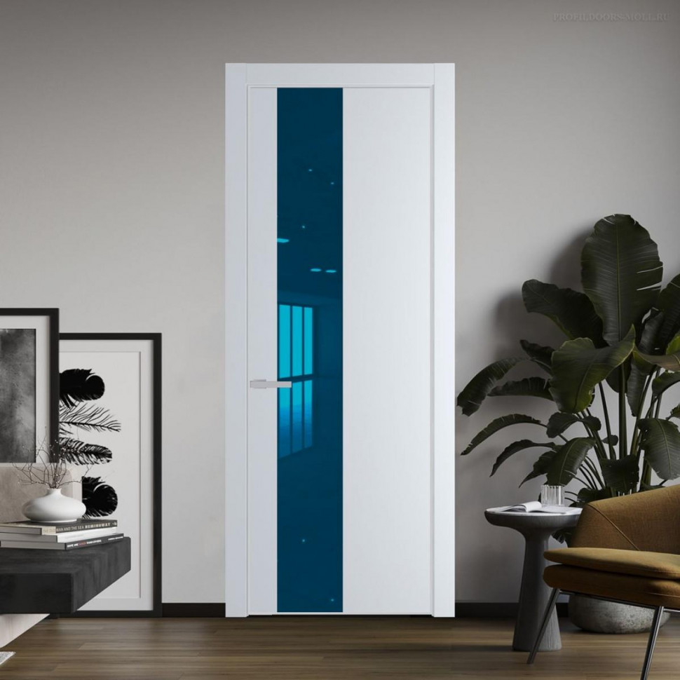 Межкомнатная дверь ProfilDoors 19 PE с вставкой из стекла зеркало blue Вайт с алюминиевой кромкой Матовая