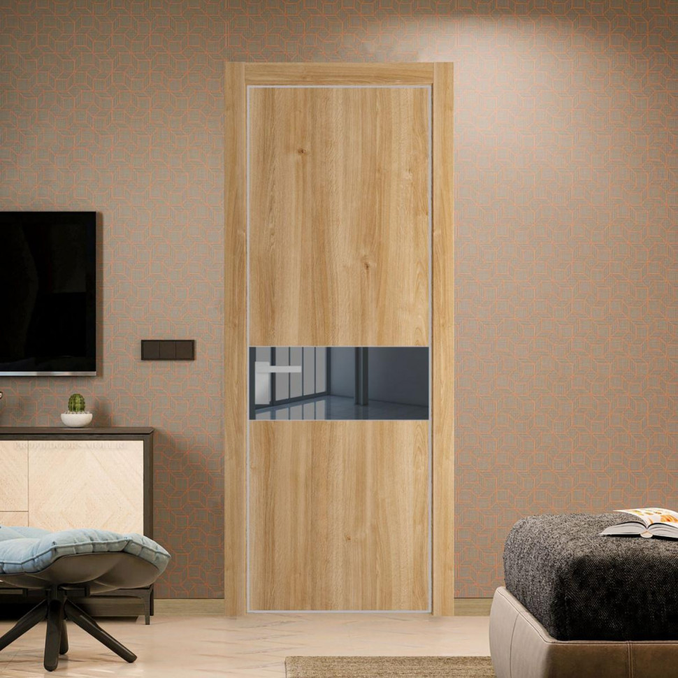 Межкомнатная дверь ProfilDoors 17 NE Дуб Карамель с кромкой Матовая с стекляной вставкой зеркало grey