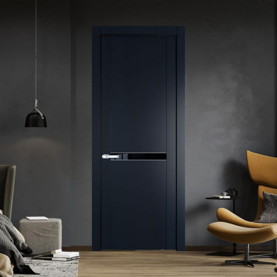Межкомнатная дверь ProfilDoors 1.4P Нэви Блу Lacobel Черный лак молдинг Серебро