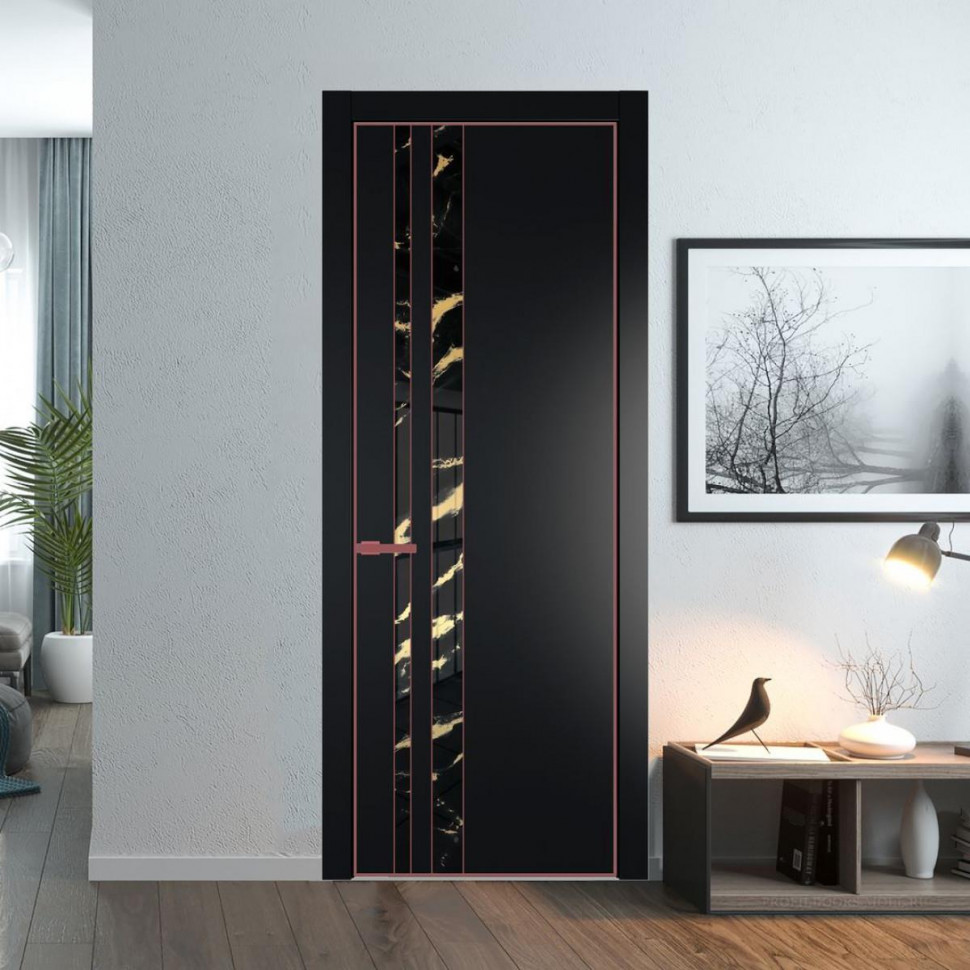 Межкомнатная дверь ProfilDoors 20 PA Блэк с профилем Красный антрацит с стеклом  нефи черный узор золото