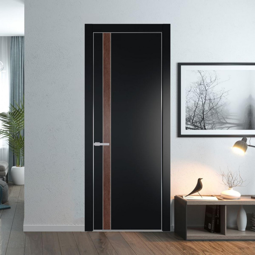 Межкомнатная дверь ProfilDoors 18 PE с вставкой Дуб Тобакко Блэк с алюминиевой кромкой Серебро