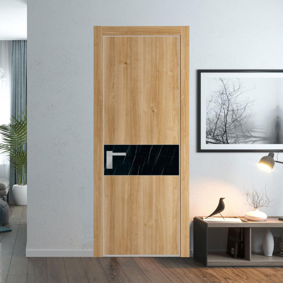 Межкомнатная дверь ProfilDoors 17 NE Дуб Карамель с кромкой Матовая с стекляной вставкой неро мрамор