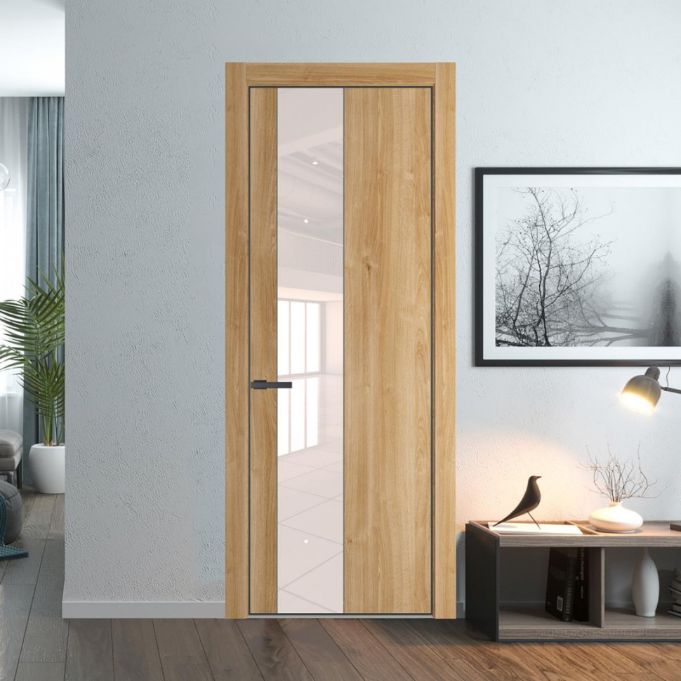 Межкомнатная дверь ProfilDoors 19NA Дуб Карамель профиль Серая Ночь вставка Lacobel Перламутровый лак