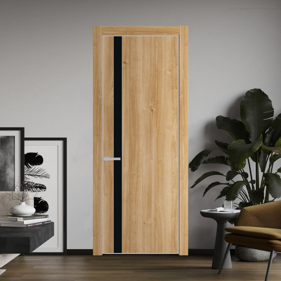 Межкомнатная дверь ProfilDoors 18 NE Дуб Карамель с кромкой Матовая с стекляной вставкой монохром черный
