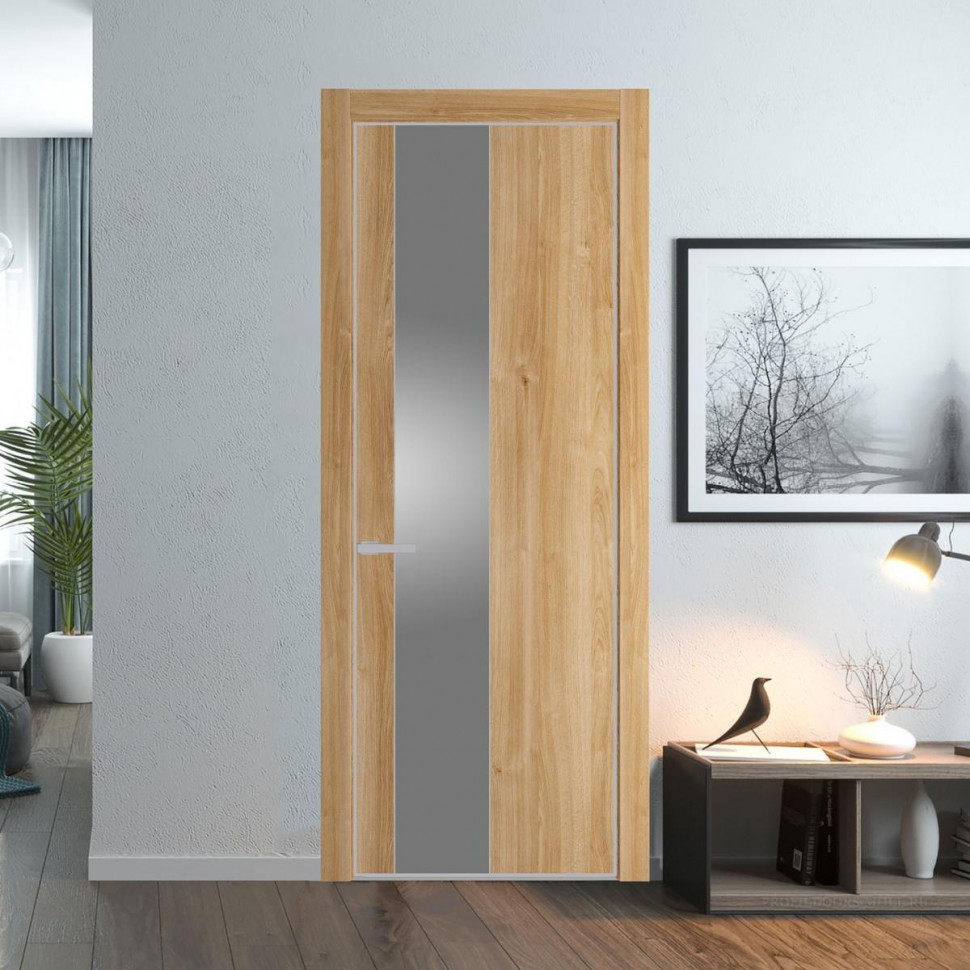 Межкомнатная дверь ProfilDoors 19 NE Дуб Карамель с кромкой Матовая с стекляной вставкой серебро матлак