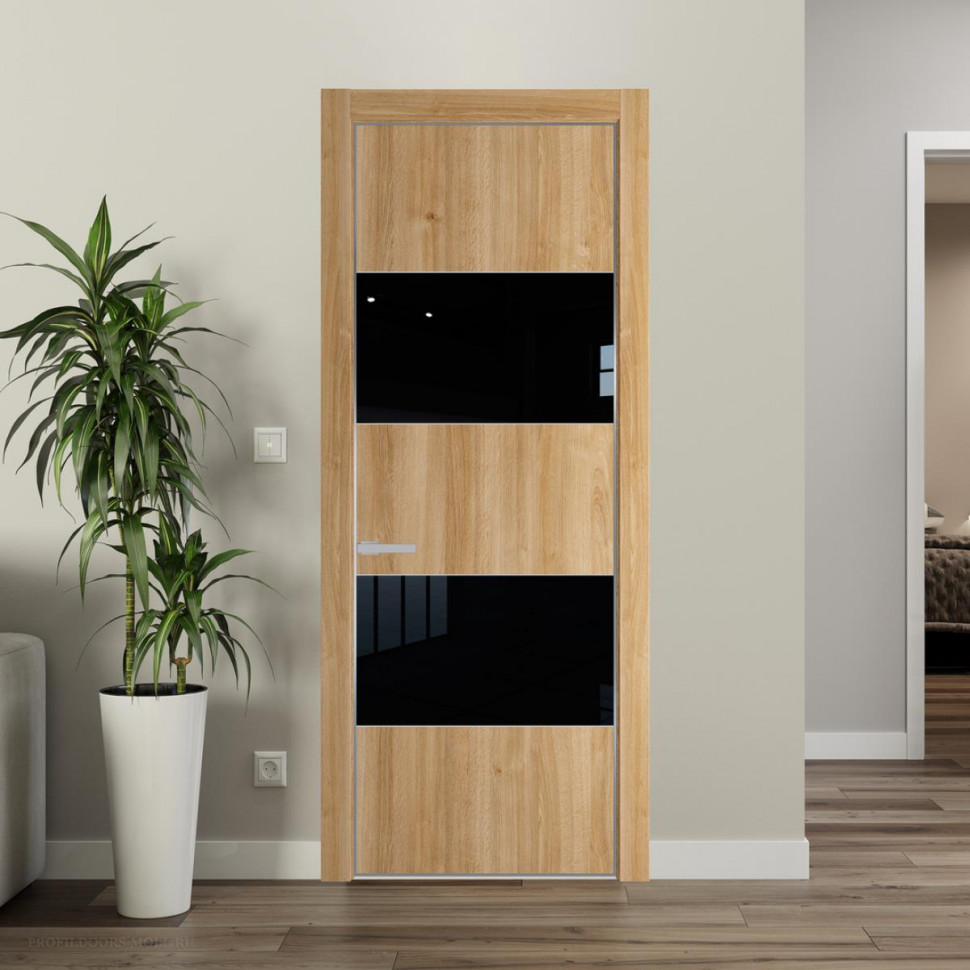 Межкомнатная дверь ProfilDoors 22NA Дуб Карамель профиль Серебро вставка Lacobel Черный лак