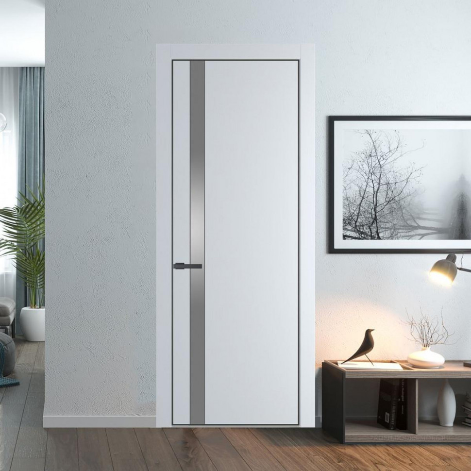 Межкомнатная дверь ProfilDoors 18 PA Вайт с профилем Серая Ночь с стеклом серебро матлак