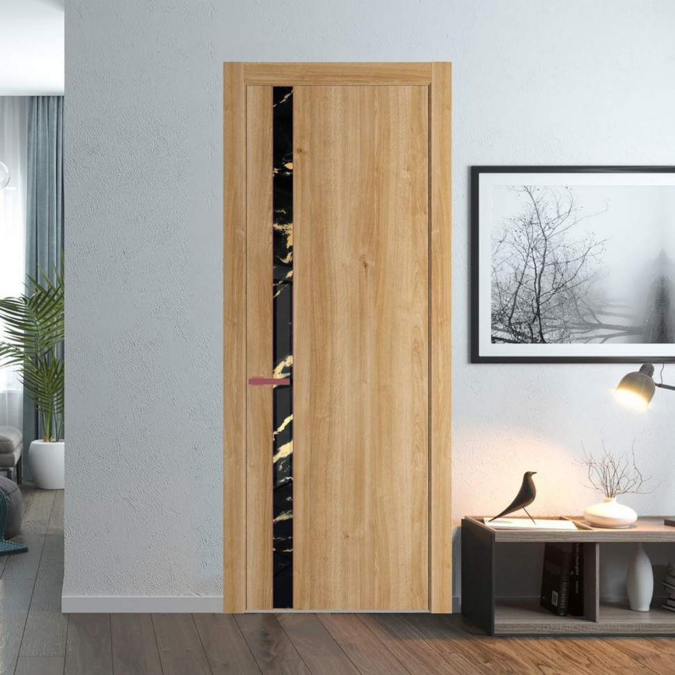 Межкомнатная дверь ProfilDoors 18 NW Дуб Карамель молдинг Красный антрацит стекло Нефи черный узор золото