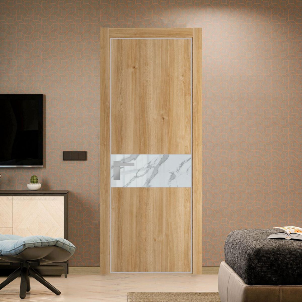 Межкомнатная дверь ProfilDoors 17 NE Дуб Карамель с кромкой Матовая с стекляной вставкой нефи белый узор серебро