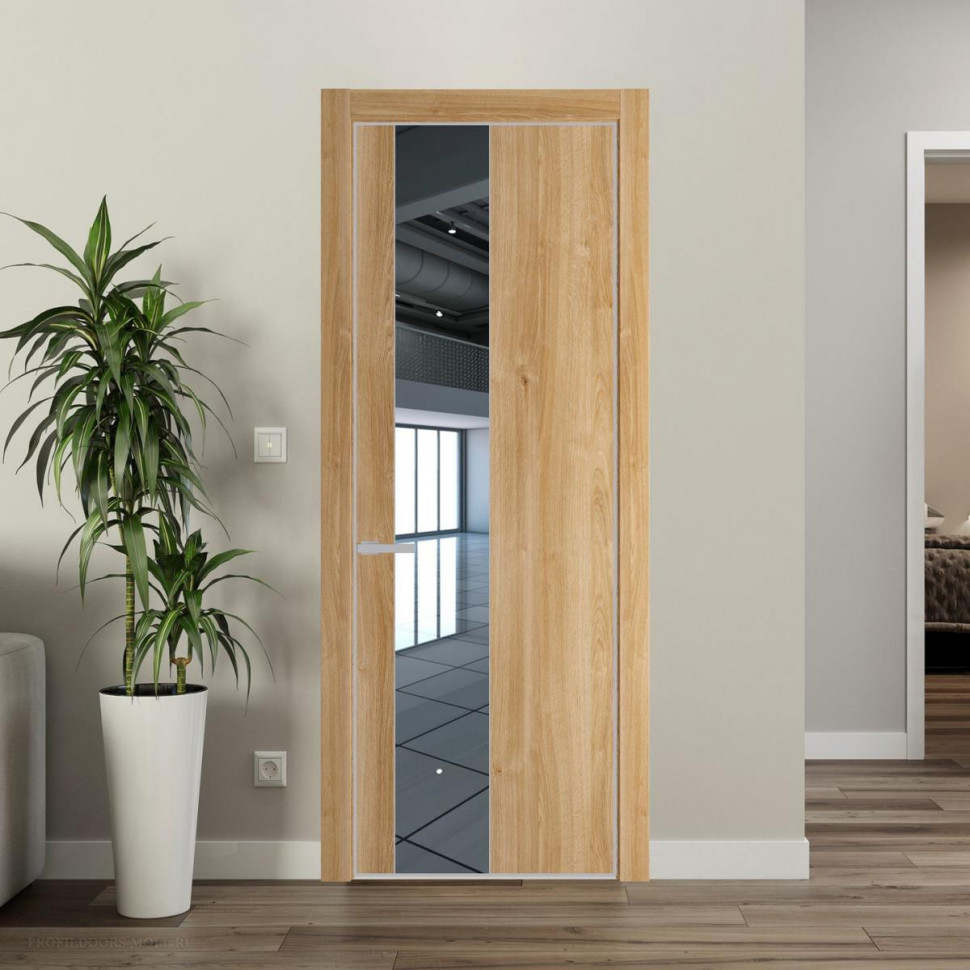 Межкомнатная дверь ProfilDoors 19 NE Дуб Карамель с кромкой Матовая с стекляной вставкой зеркало