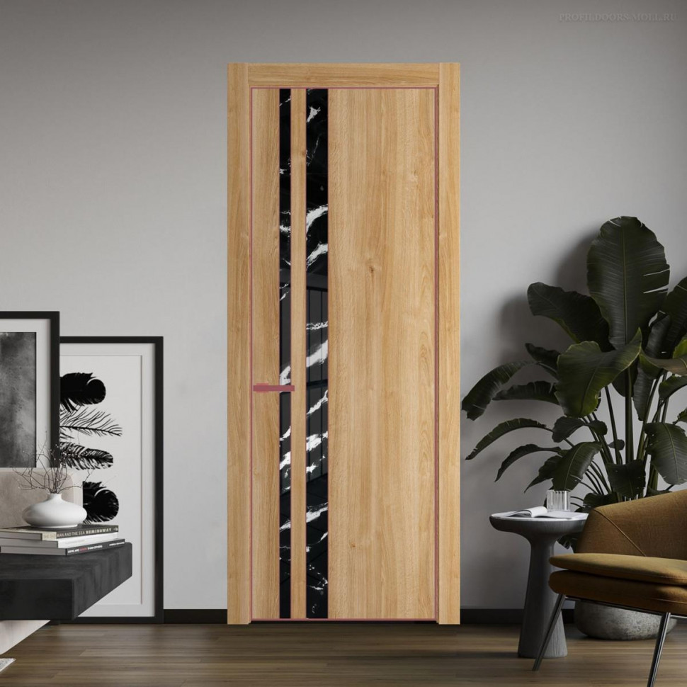 Межкомнатная дверь ProfilDoors 20 NE Дуб Карамель с кромкой Красный антрацит с стекляной вставкой нефи черный узор серебро