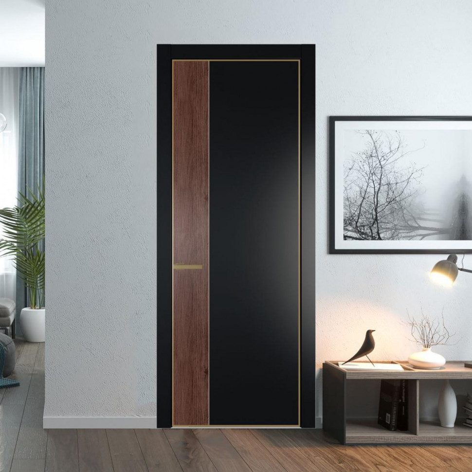 Межкомнатная дверь ProfilDoors 24 PE с вставкой Дуб Тобакко Блэк с алюминиевой кромкой Золото