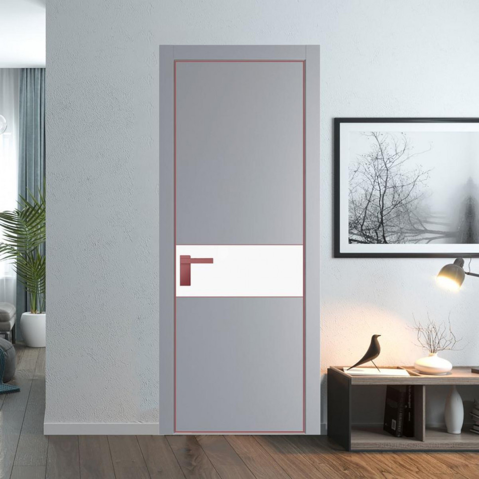 Межкомнатная дверь ProfilDoors 17 PE с вставкой из стекла монохром белый просветленный Смоки с алюминиевой кромкой Красный антрацит
